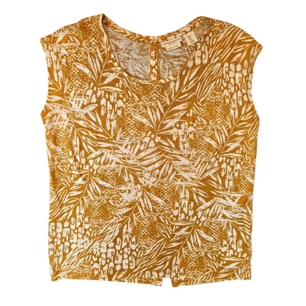 Christian Siriano Blouse Large Mustard Floral Linen Sleeveless Tropical Travel